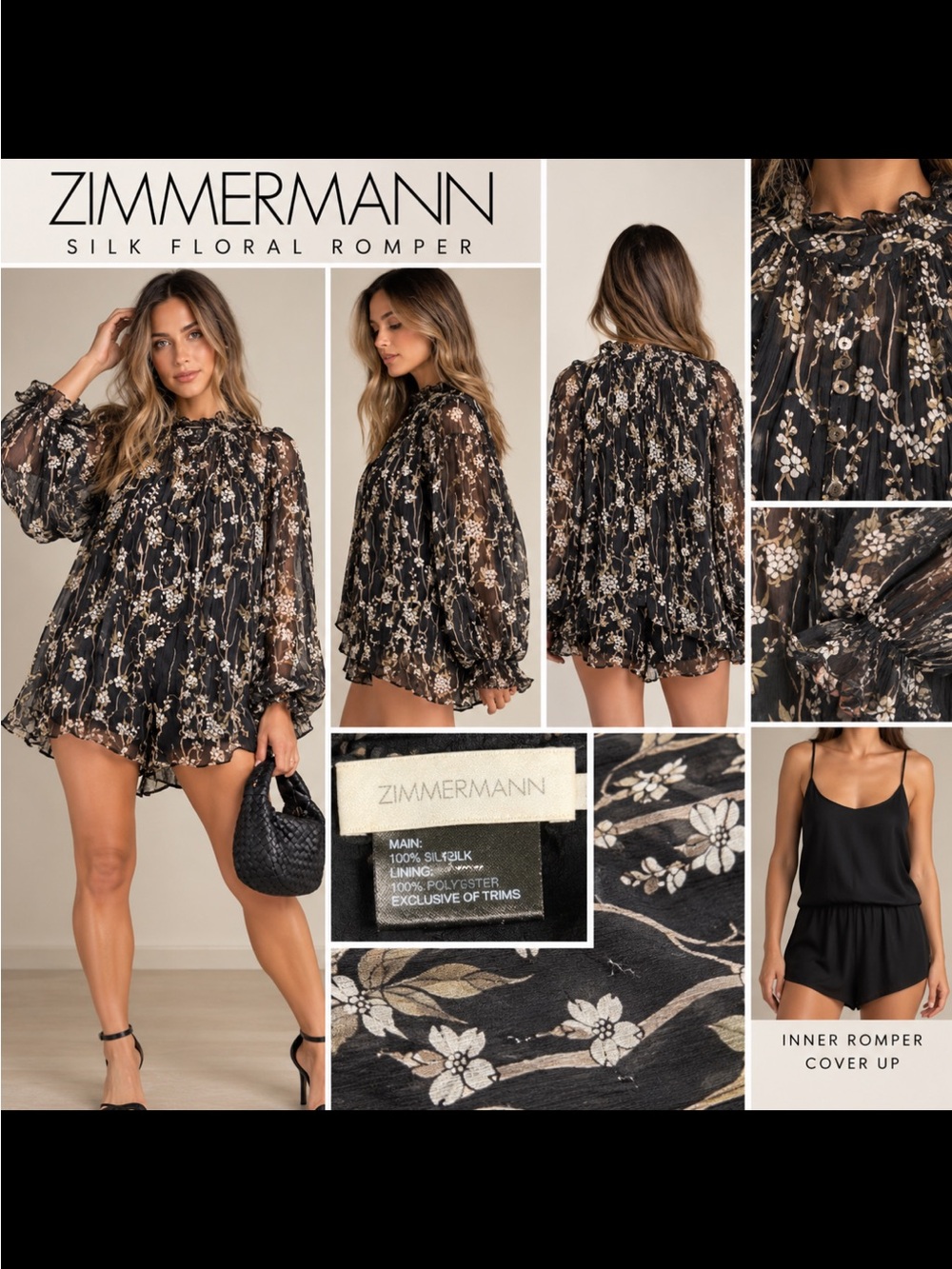 Zimmermann Black Floral Silk Mini Dress with Inner Romper